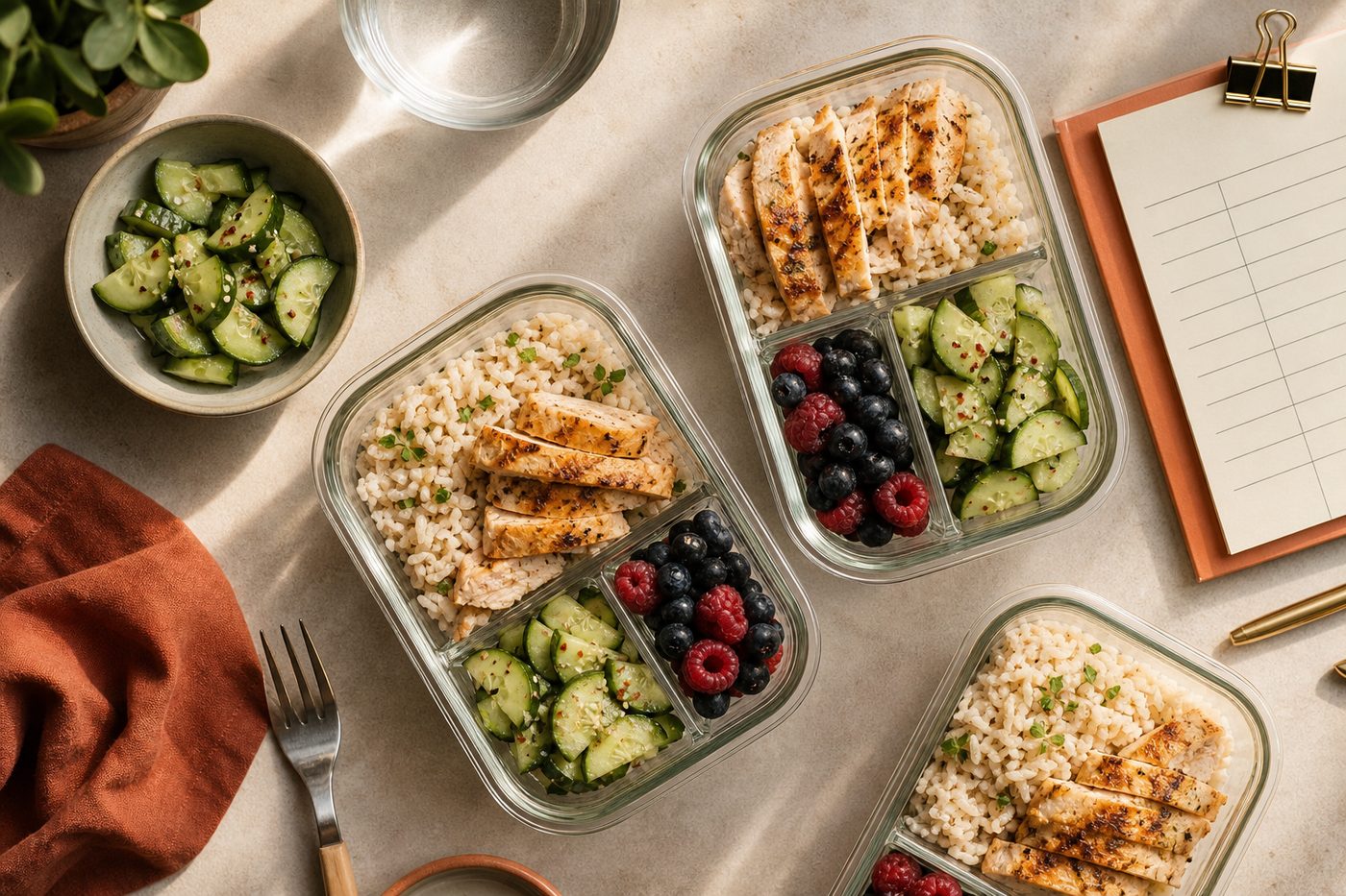 Контейнеры meal prep с курицей, рисом, салатом и ягодами сверху